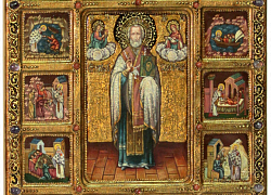 Живописная икона "Святитель Николай, архиепископ Мир Ликийский (Мирликийский), чудотворец с житийными сценами"