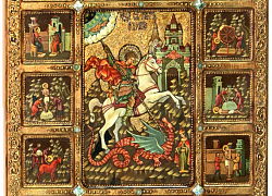 Живописная икона "Чудо Святого Георгия о змие с житийными сценами"